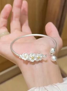 S925纯银新中式银色桃花铃铛手镯