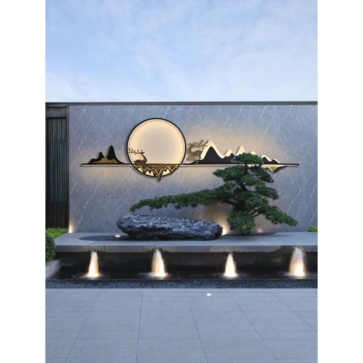 新中式防水壁灯别墅庭院水景观墙壁灯圆环室外不锈钢山水装饰灯具