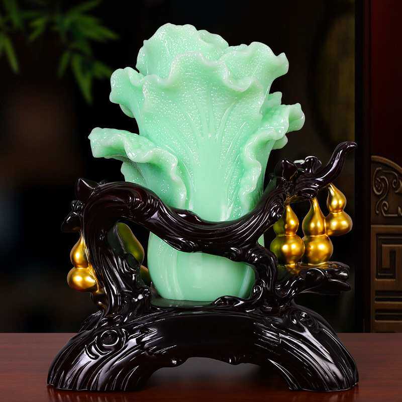 中式仿玉五福青玉色白菜摆件办公室客厅家居摆件装饰品树脂工艺品