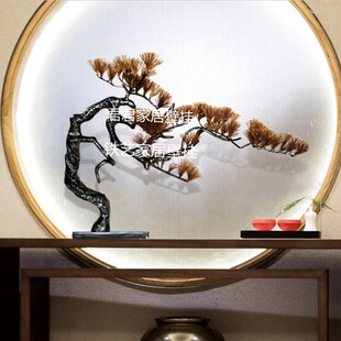 新中式迎a客松铁艺玄关样板间落地金属底座摆件树雕塑艺术软装饰