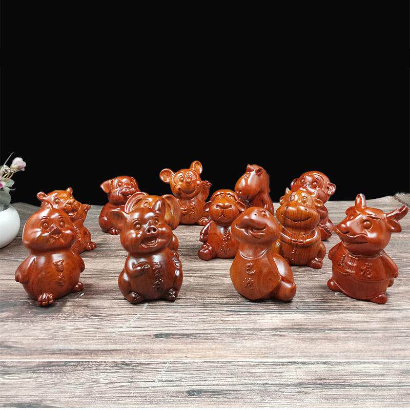 黑檀木雕卡通十二生肖鼠牛虎兔龙蛇马羊猴鸡狗猪小摆件花梨木全套