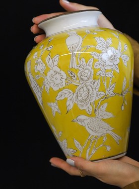 新中式陶瓷花瓶大口客厅玄关摆件B客厅餐桌插花摆设高级感鲜花复