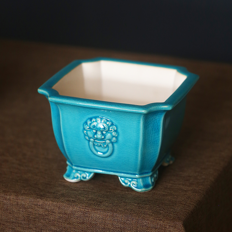 陶瓷紫砂花盆f四方花盆手工多肉植物古典冰裂纹青V瓷盆景盆菖蒲盆