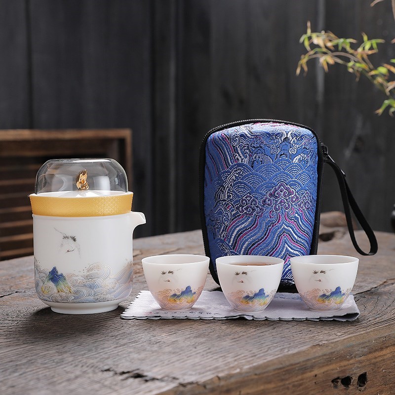 素烧羊脂玉白瓷快客杯一壶四v杯泡茶壶功夫旅行茶具套W装便携包收