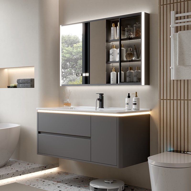 新款实木圆角浴室柜组合陶瓷一体C盆卫生间洗手脸盆柜轻奢洗漱台