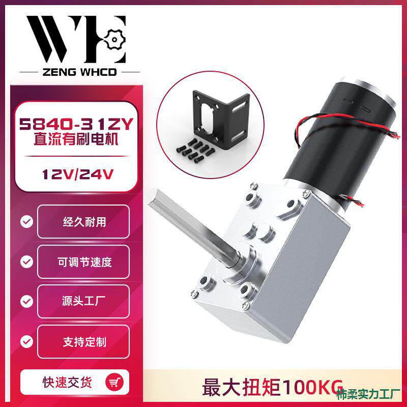 5840-31ZY长轴蜗轮蜗杆微型马达大扭力直角调速正反转减速电机12V