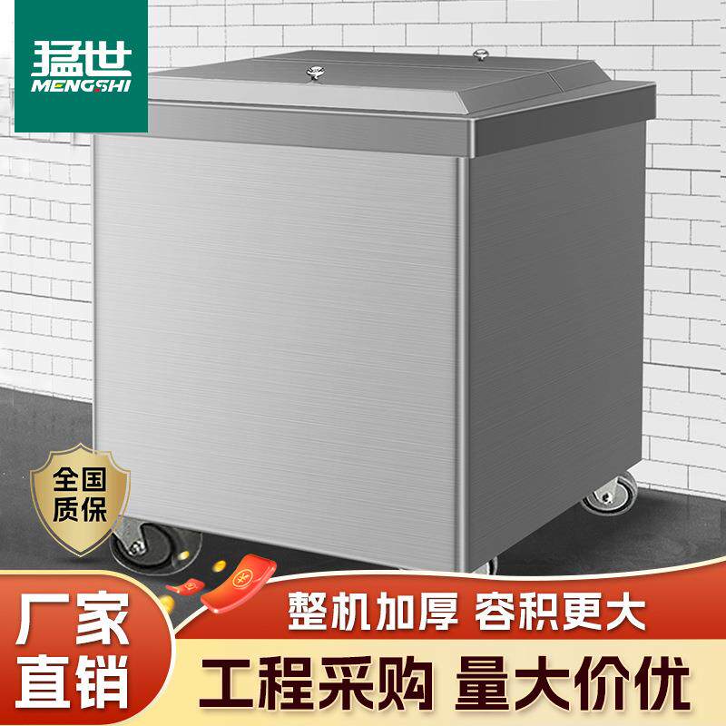 猛世商用不锈钢储米箱方桶带盖大号厨房25KG面粉车移动带轮手推车