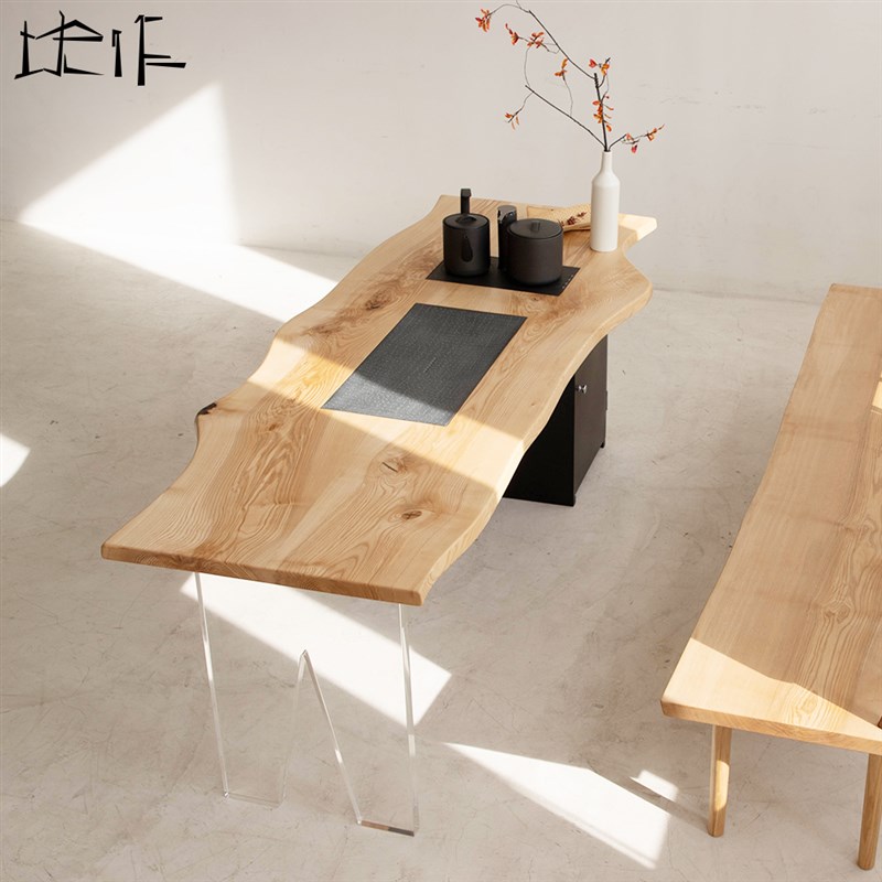 白蜡木实木大板茶桌原木大板阳台侘寂风小茶台新中式功夫茶几一体