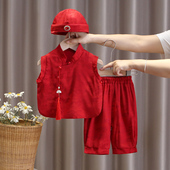 周岁礼服夏男宝宝新中式 女宝生日宴抓周衣服百天婴儿真丝背心套装