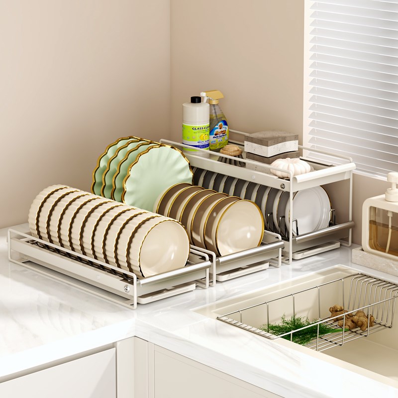 厨房抽屉收纳分隔内置橱柜内碗碟收纳架不锈钢放盘子沥水碗架拉篮