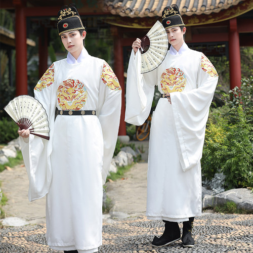 汉服男龙袍白色明制圆领袍皇帝服装四团龙复原重工绣花中国风古风