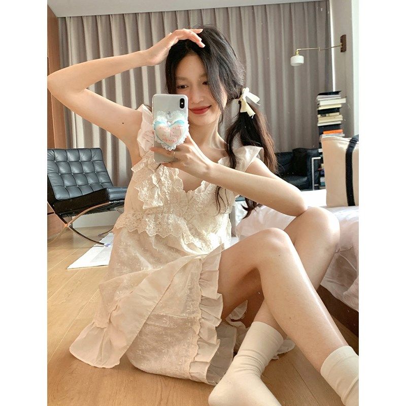 复古宫廷风吊带短裤睡衣夏季女蕾丝花边带胸垫睡裙两件套装家居服