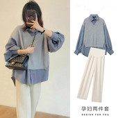 宽松假两件上衣拼接衬衫 孕妇秋冬长袖 大尺码 新款 两件 上衣2023秋季