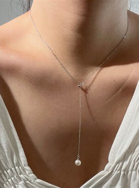 天然淡水珍珠y字项链通体925银可调节正圆镜面时尚简约气质锁骨链