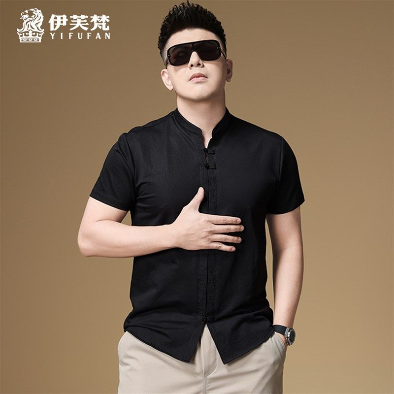 冰丝棉麻短袖衬衫国风唐装男士衬衣国潮中式盘扣休闲半袖亚麻寸衫