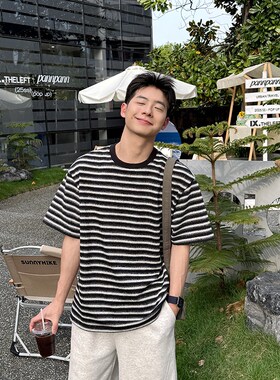 310g黑色圆领色织提花条纹短袖T恤男生2025新款夏季纯棉宽松休闲