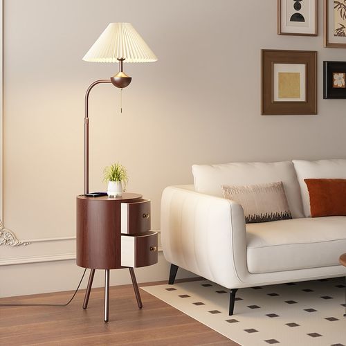 复古落地灯高级感卧室实木置物架中古风卧室床头柜台灯一体充电