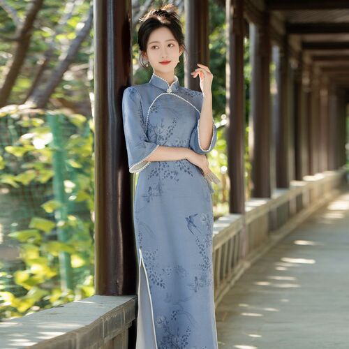 民国复古蓝色倒大袖少女旗袍2025春季新款年轻款日常可穿