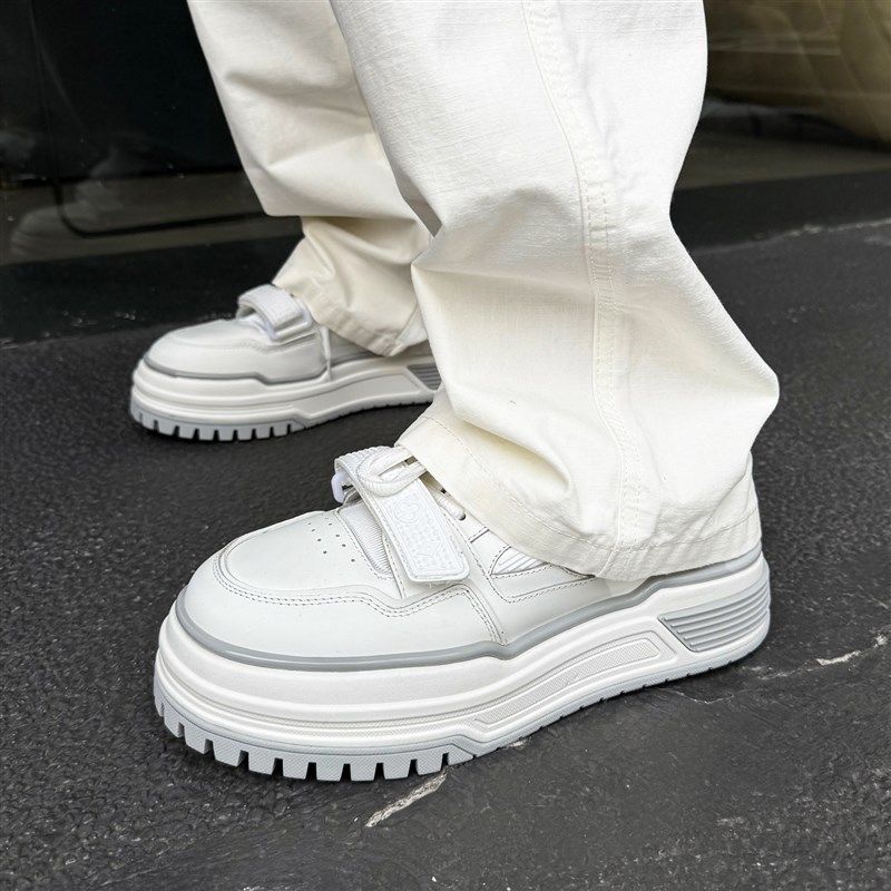 【帽子先森】主线白水泥魔术贴板鞋男真皮厚底松糕鞋简约小白鞋潮,流行男鞋,休闲板鞋,淘宝优惠券,粉丝福利购,淘宝优惠卷