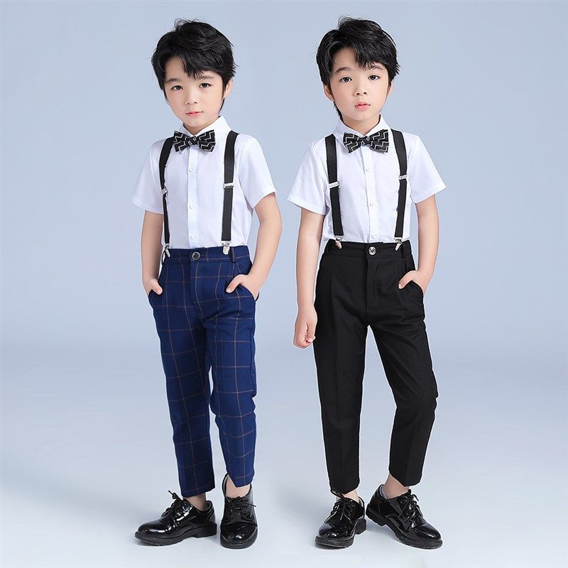 儿童西裤夏季新款男童短袖衬衫背带裤两件套韩版钢琴主持演出礼服