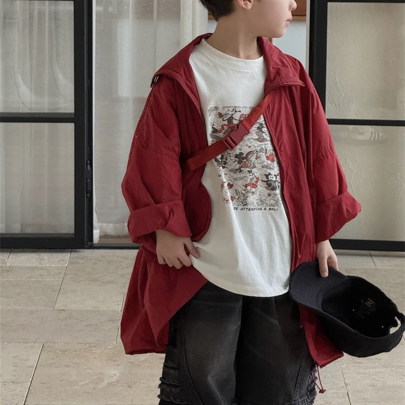 儿童薄款翻领中长款过膝透气带包包防晒服夏韩版男童休闲衬衣外套