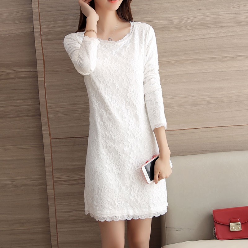 加绒加厚包臀连衣裙21秋冬季新款修身长袖t恤中长款蕾丝打底衫女