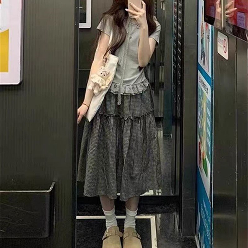 夏日ootd穿搭一整套可盐可甜韩系温柔风蕾丝花边上衣裙子两件套装