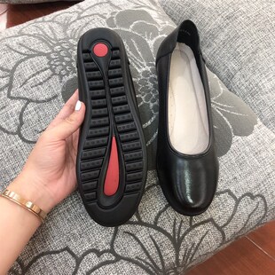 感叹号圆头工作鞋头层牛皮真皮黑色软底空姐鞋大码工作鞋空姐鞋