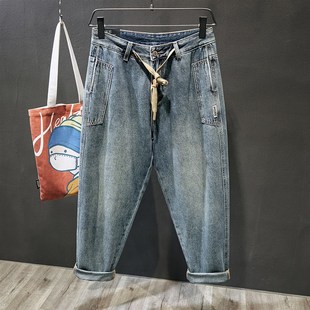 潮牌百搭男生哈伦裤 锥形直筒老爹裤 子 宽松休闲男士 系绳拼接牛仔裤