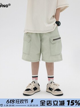 男童夏季水洗浅绿色工装中裤棉布短裤儿童宽松休闲裤童装五分裤子