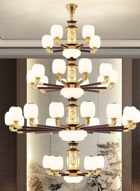 新中式吊灯客厅灯全铜实木别墅复式楼挑空大吊灯楼中楼中空大吊灯