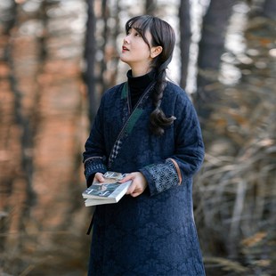 改良汉服民艺风棉麻夹棉袍子女 冬季拼布茶服禅服保暖加厚长棉袍