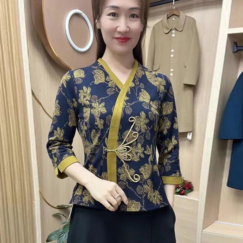 秋冬长袖加厚复古盘扣V领旗袍衫修身大码妈妈装上衣打底T恤小衫女