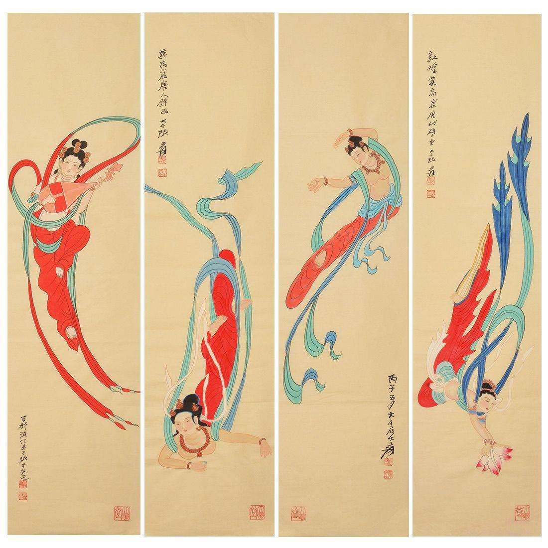 名家张大千飞天壁画纯手绘条屏字画竖版客厅装饰画挂画收藏山水画