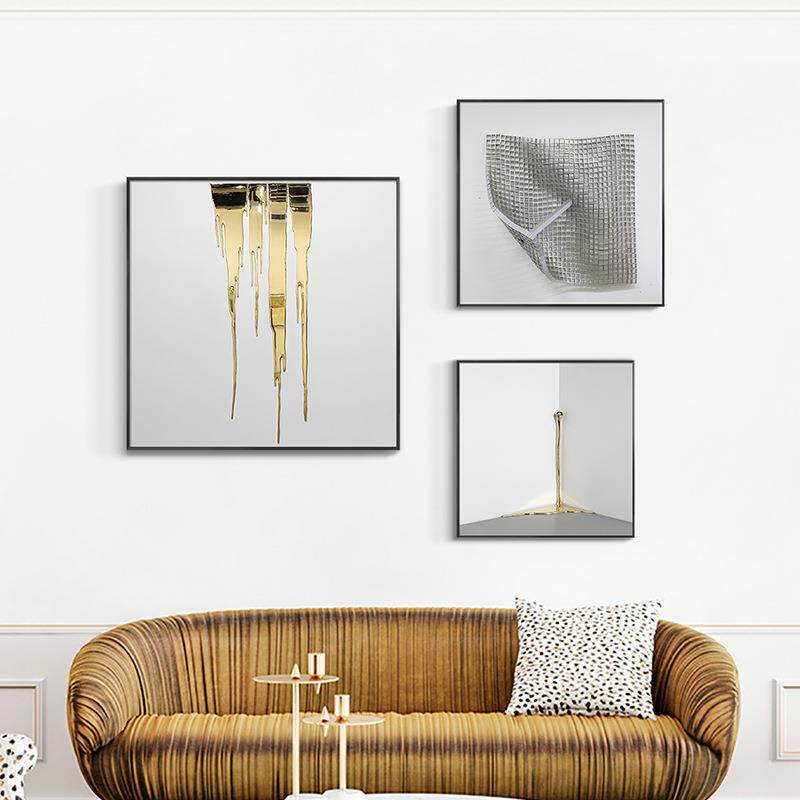 现代简约抽象装饰画餐厅几何线条方形挂画玄关酒店宾馆金色壁画
