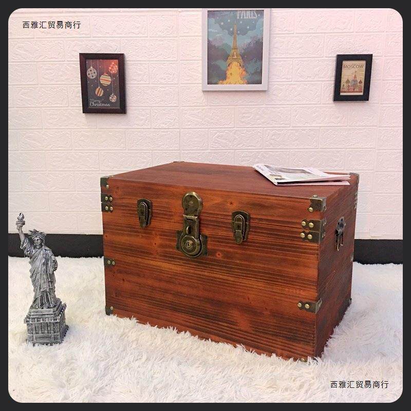 复古木箱带盖储物箱实木收纳箱带锁小木盒做旧服装店装饰道具