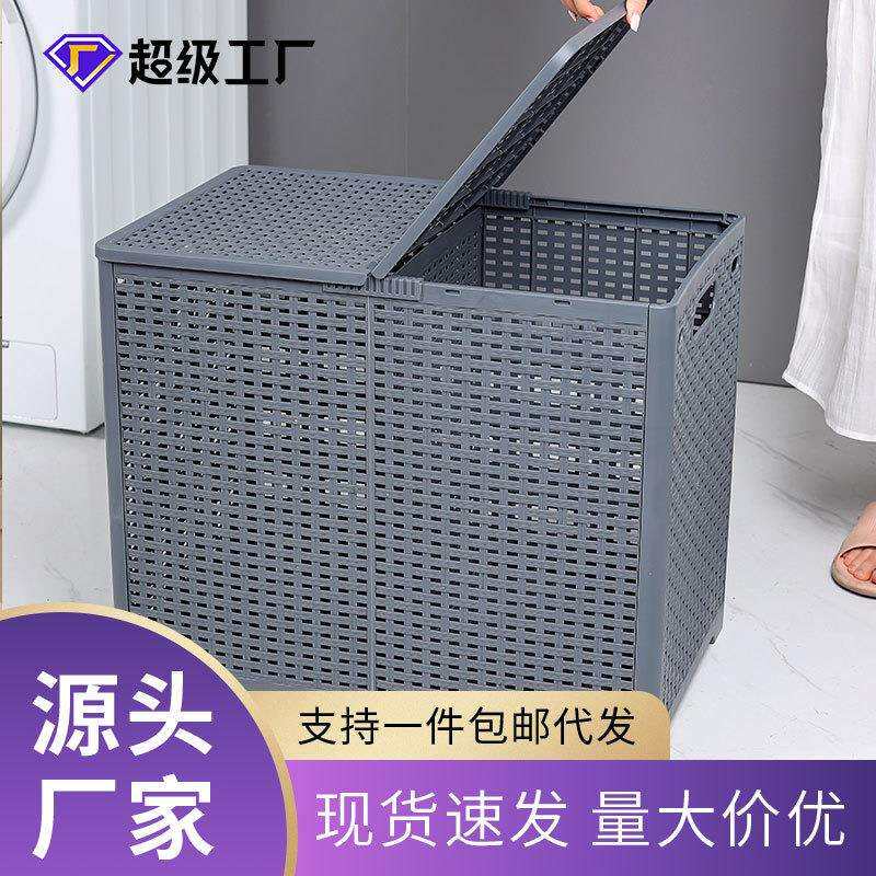 家居双格带盖收纳筐防潮大容量衣物收纳筐折叠家用脏衣篓跨境