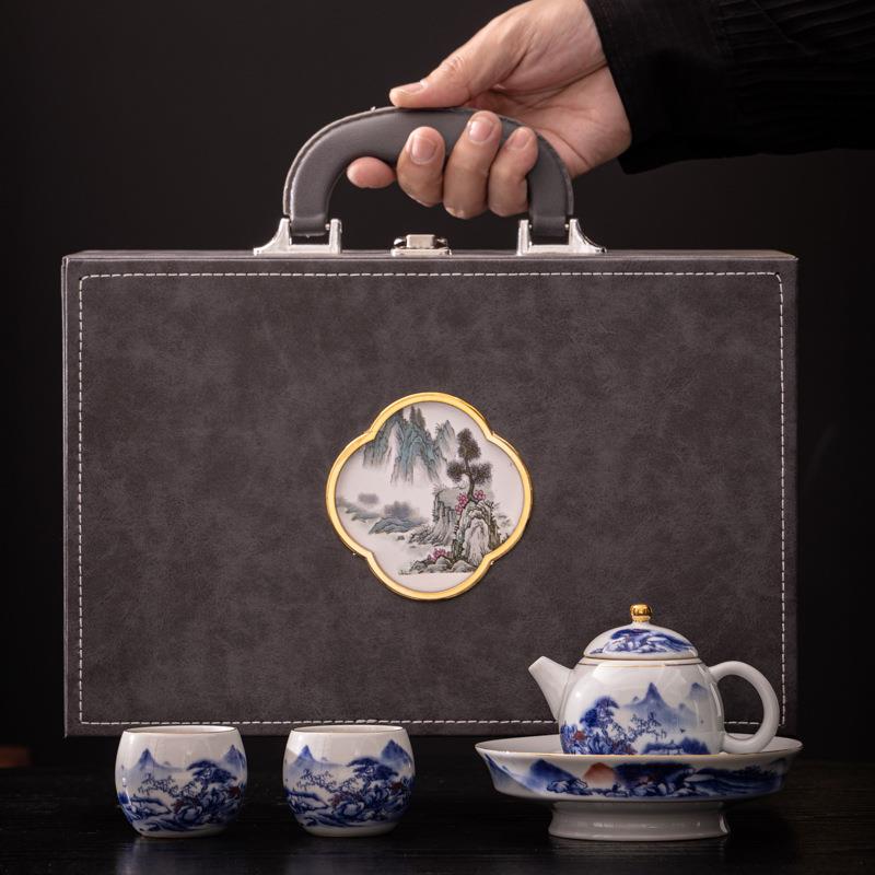 陶瓷茶具小套装篮彩茶壶一壶两杯旅行茶具三才盖碗便携户外茶具