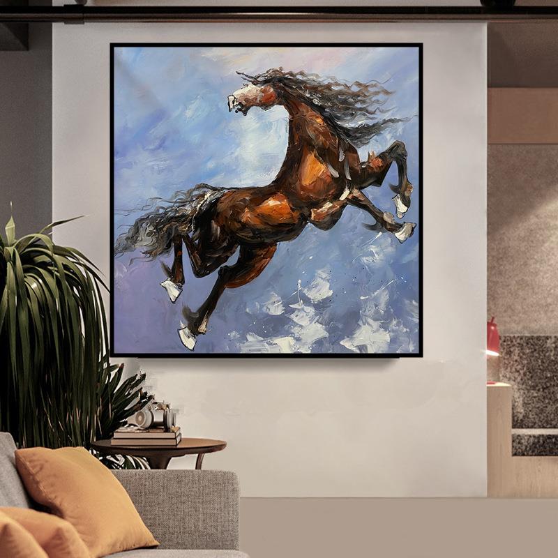 纯手绘油画马到成功现代手工装饰画骏马玄关餐厅挂画抽象厚重肌理