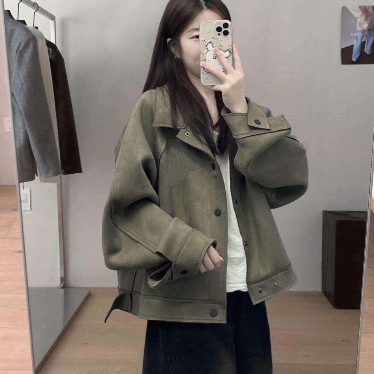 仿麂皮绒外套女春秋美式复古机车夹克工装小众设计感外套