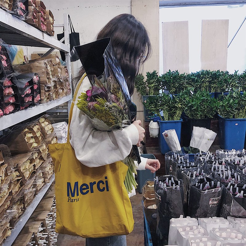 [94定制]Merci法式q帆布包 2023新款升级印花 姜黄色环保袋  现货