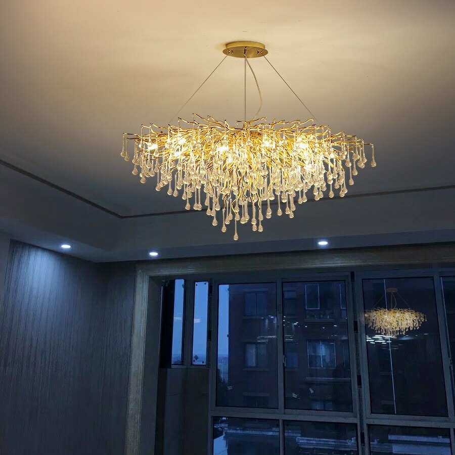 轻奢树枝水滴水晶灯 大气北欧灯具铝材枝型楼梯客厅创意吊灯