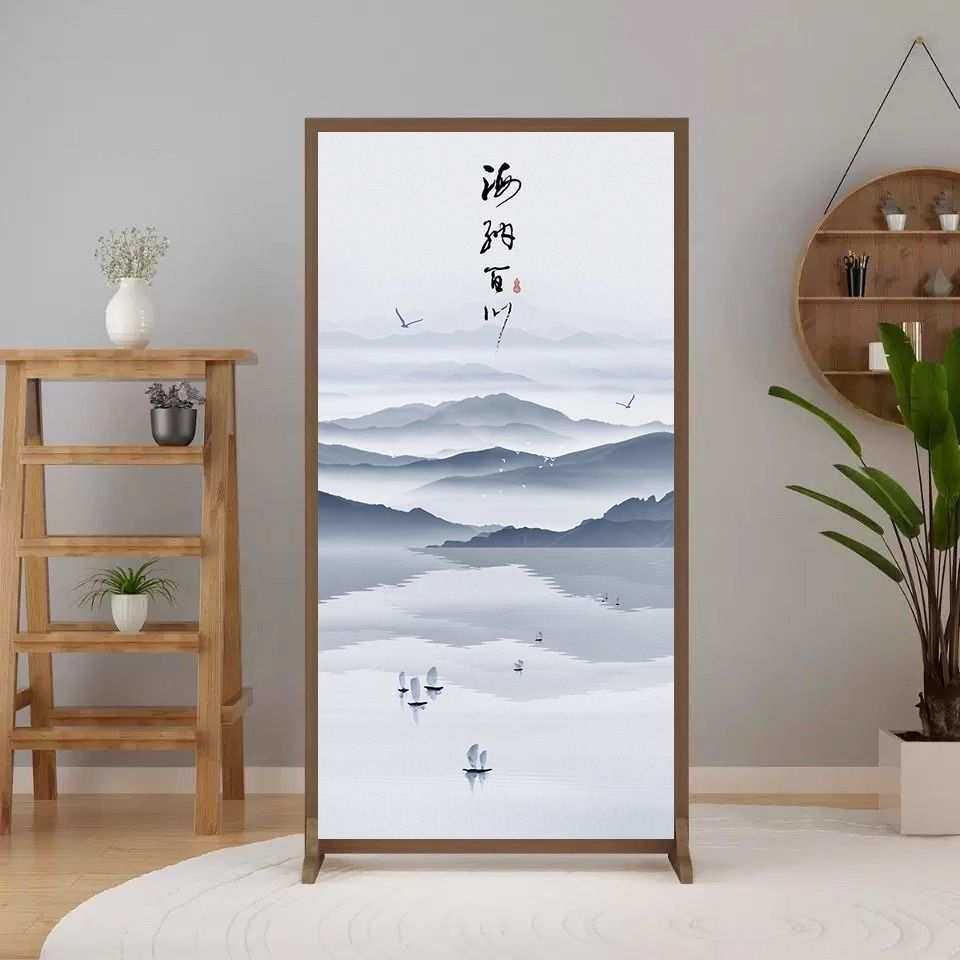 新中式简约现代隔断入户布艺遮挡客厅木质屏风玄关装饰移动座屏
