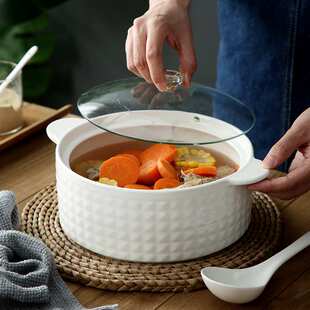 陶瓷带盖汤碗 家用大号双耳微波炉碗 日式汤盆纯白盛汤碗无友情