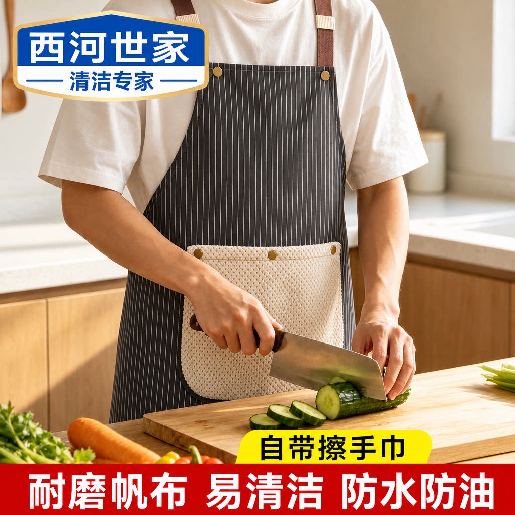 新款餐饮可擦防水围裙家用厨房防污围腰防油透气做饭工作服毛巾