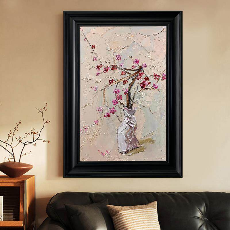 梅花一点红手绘油画写意花卉静物装饰画客厅白色挂画玄关厚肌理画