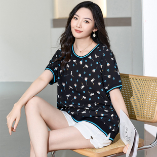 大码女装夏装200斤胖妹妹时髦洋气休闲上衣胖mm宽松显瘦短袖T恤衫