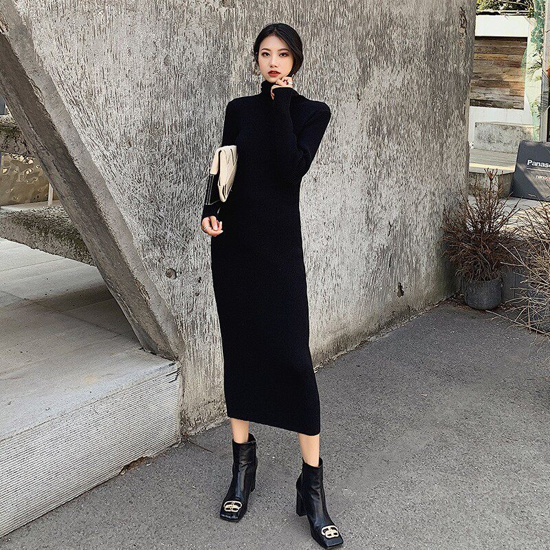 针织连衣裙子女秋冬超长款高领修身显瘦配大衣毛衣裙过膝打底长裙