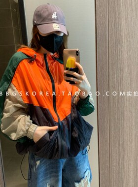 现货2024春夏季薄款防晒服单层橙色绿色复古宽松连帽外套冲锋衣