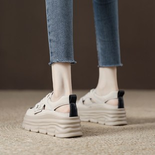 真皮轻便洞洞鞋 真皮厚底包头凉鞋 休闲镂空小白鞋 2024新款 女夏薄款